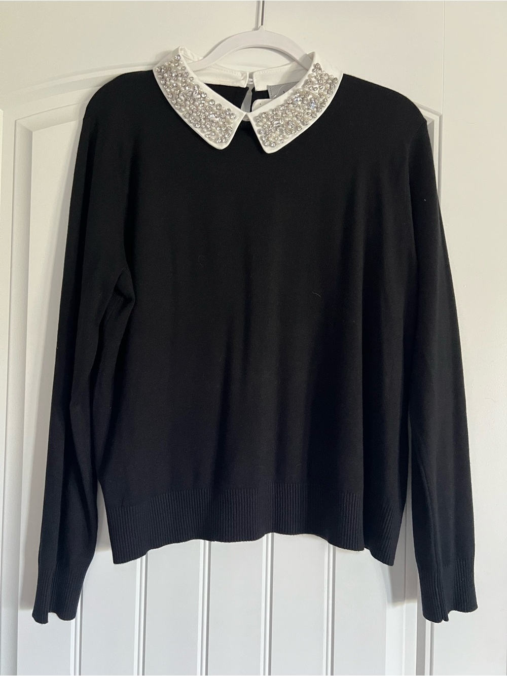 Milano Black Sweater with Jeweled White Peter Pan Collar